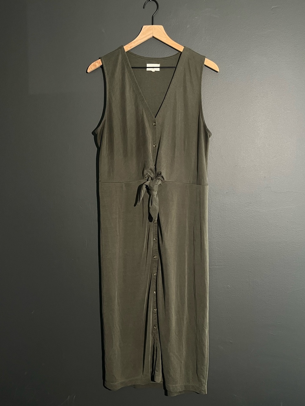 Lou & Grey Modal Blend Olive Green Tie Waist Button Front Midi Dress Size Large